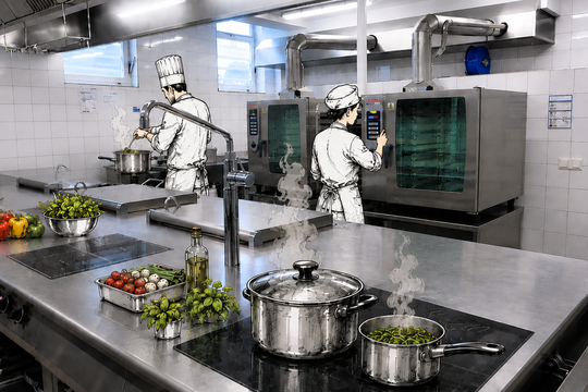 Moderne Großküche der Hamm Kliniken mit Edelstahl-Arbeitsflächen und professionellen Küchengeräten. In die Fotografie sind gezeichnete Köche bei der Zubereitung von Speisen sowie Töpfe, Gemüse und Kräuter integriert.